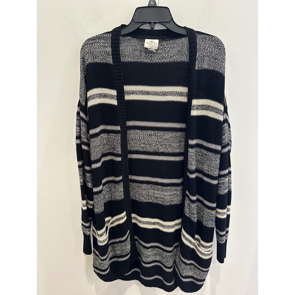 St Johns Bay Womens XL Cardigan Sweater Black White Striped Open Front Pockets